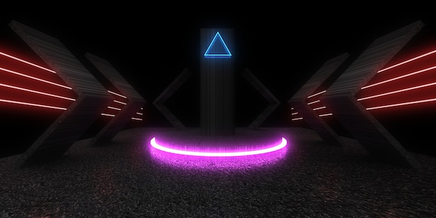 Sfondo astratto 3D con luci al neon. tunnel al neon. .costruzione spaziale . .3d illustrazione