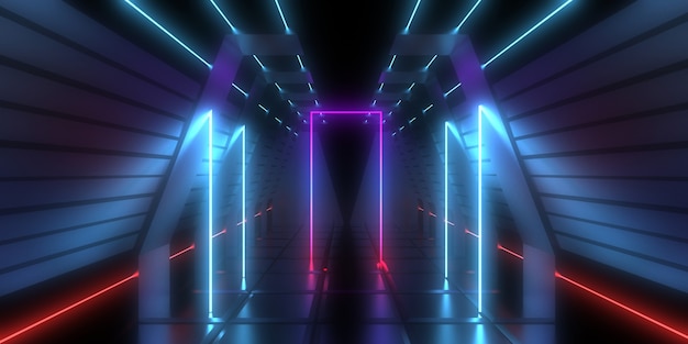 Sfondo astratto 3D con luci al neon. tunnel al neon. Illustrazione 3D