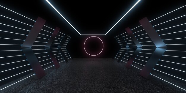 Sfondo astratto 3D con luci al neon. tunnel al neon. Illustrazione 3D