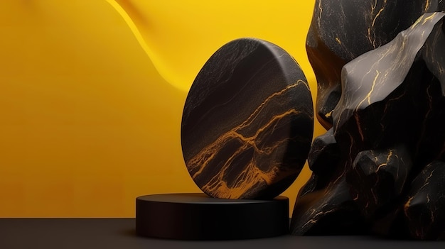 Sfondo astratto 3D display podio in pietra nera su giallo Generativo ai