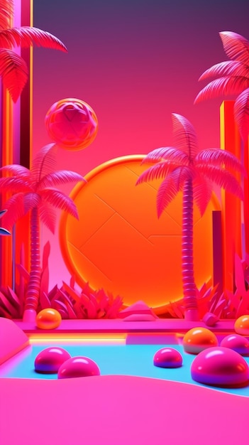 Sfondo astratto 3D tema Synthwave tropicale al neon