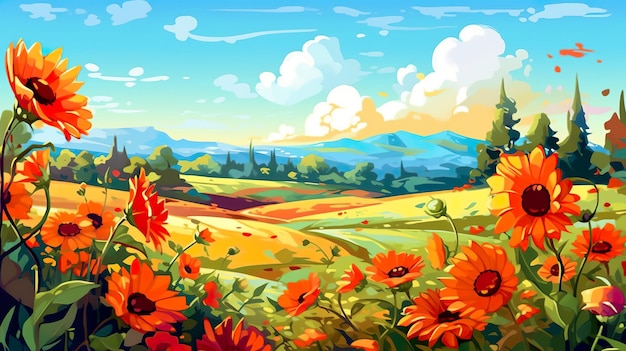 Sfondo astratto campo di girasoli Un vivace banner design con uno sfondo illustrato di un campo di girasoli nella natura colorata IA generativa