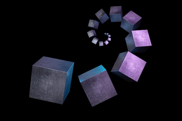 Sfondo astratto con cubi di metallo Prospettiva contorta di forme geometriche su sfondo nero Illustrazione di rendering 3D