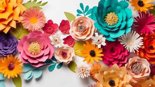 Sfondo astratto con fiori di carta in stile quilling fatto a mano Carta da parati floreale con bouquet fiorito con rosa dalia margherita e altre illustrazioni orizzontali per il design di banner AI generativa