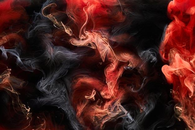 Sfondo astratto con inchiostro nero rosso Sfondo di vernice acrilica per profumi cosmetici con narghilè Misteriose nuvole di fumo nebbia colorata