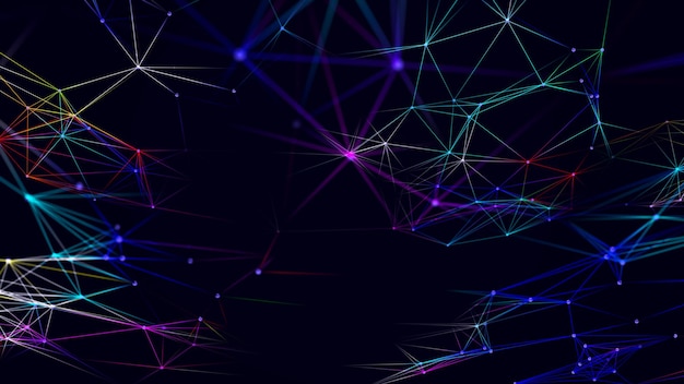 Sfondo astratto con intreccio di linee e punti colorati Struttura della connessione di rete Scambio dati 3D