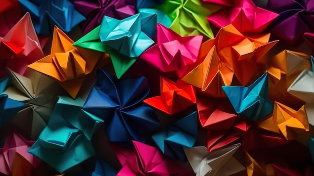 Sfondo astratto con molte gru di carta colorate in stile origami in vista ravvicinata Carta da parati colorata giapponese fatta a mano con giocattoli di carta Illustrazione orizzontale per il design di banner AI generativa