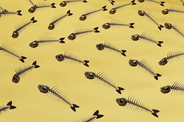 Sfondo astratto costituito da modelli di scheletri di pesce su sfondo giallo rendering 3d