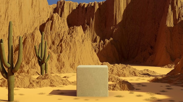 Sfondo astratto del supporto per la presentazione del prodotto con scena di montagna di sabbia del deserto, rendering di illustrazioni 3D