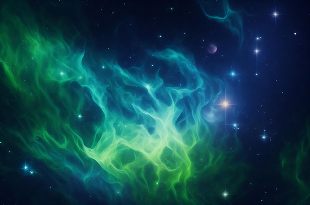 Sfondo astratto della galassia con stelle e pianeti con motivi di galassia verde e blu della notte