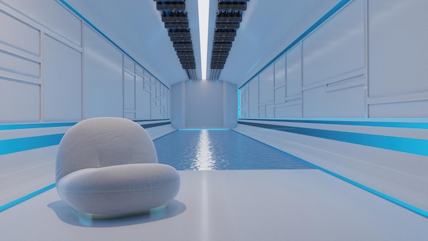 Sfondo astratto della sedia Sci Fi e del tunnel della piscina Rendering dell'illustrazione 3D dell'astronave futuristica moderna