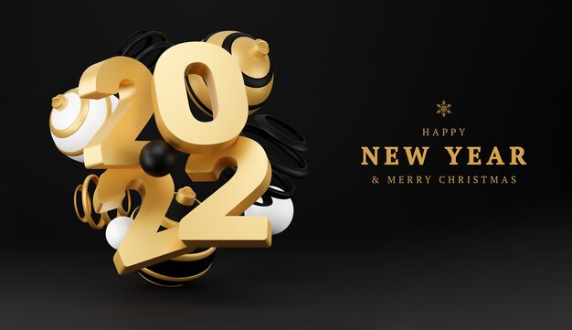 sfondo astratto di Capodanno con sfere 3d. concetto minimo di lusso di Natale nero e oro. Design della decorazione per il nuovo anno. rendering 3d