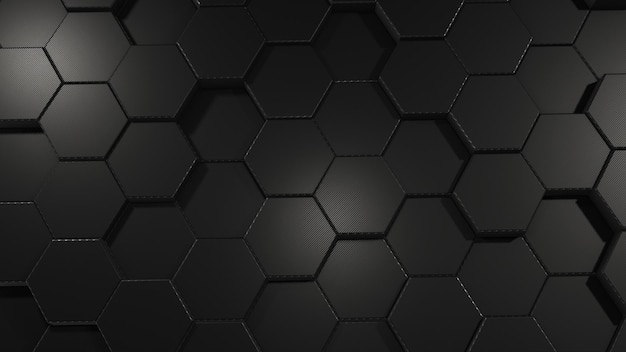Sfondo astratto di esagoni di carbonio Superficie scura poligonale Il concetto di tecnologia futuristica Rendering 3d di dati geometrici