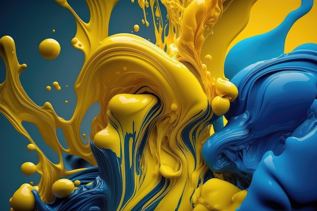 Sfondo astratto di gocce di liquido blu e giallo nella generazione di AI in stile 3d