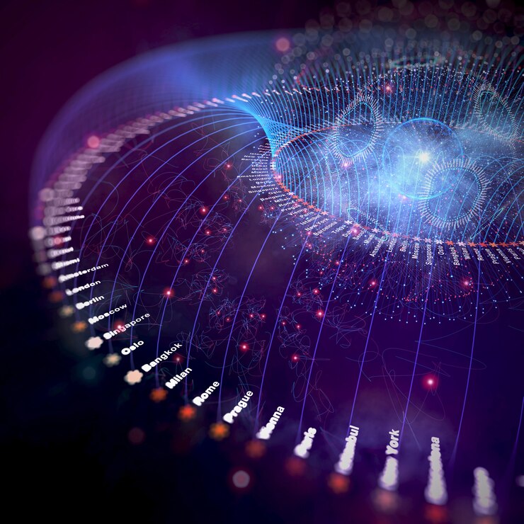 Foto sfondo astratto di grandi dati di infografica di dati visivi con punti e linee al neon