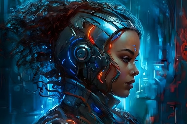 Sfondo astratto di scienza e tecnologia della donna cyborg Rete neurale AI generata