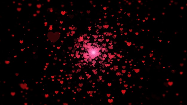 Sfondo astratto digitale nero con particelle a forma di cuore.