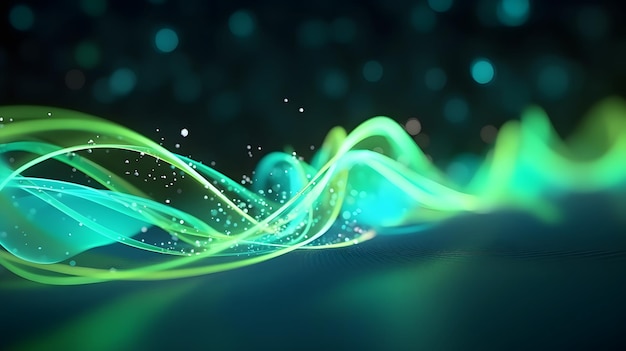 sfondo astratto futuristico con verde blu luminoso neon muovendo linee d'onda ad alta velocità e bokeh l