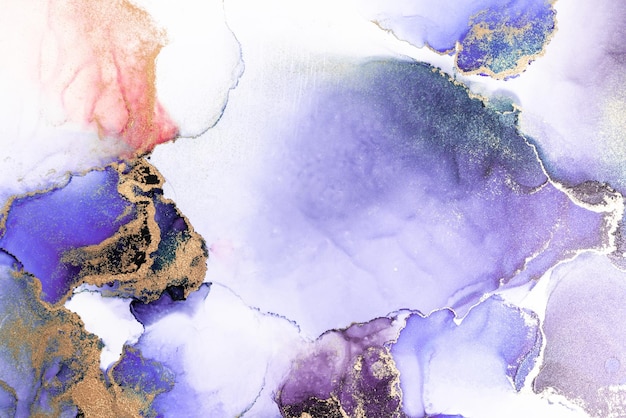 Sfondo astratto in oro viola di pittura d'arte a inchiostro liquido in marmo su carta