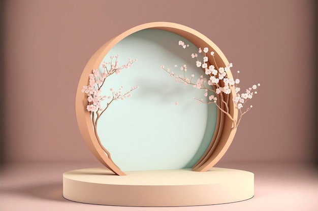 Sfondo astratto in stile minimalista con un podio nei colori rosa Piedistallo vuoto per l'esposizione del prodotto con fiori di ciliegio e petali Creato con la tecnologia Generative AI