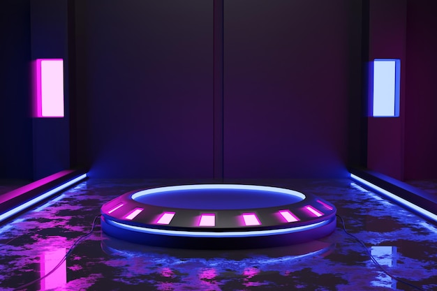 sfondo astratto, le luci al neon sono linee luminose blu e rosa, con un rendering 3d del plinto circolare.
