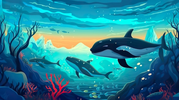 Sfondo astratto migrare le balene La migrazione delle balene prende vita in un'illustrazione di sfondo astratta progettata per striscioni accattivanti IA generativa