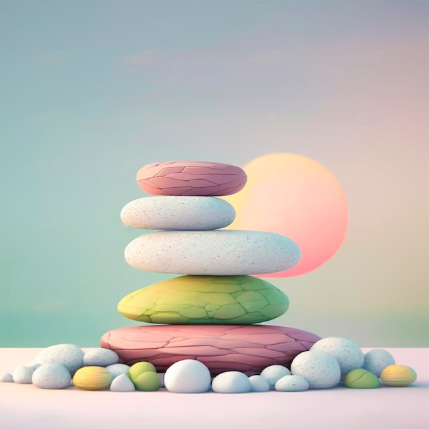Sfondo astratto minimo di pietre su sfondo pastello Concetto di rendering 3D del paesaggio da sogno