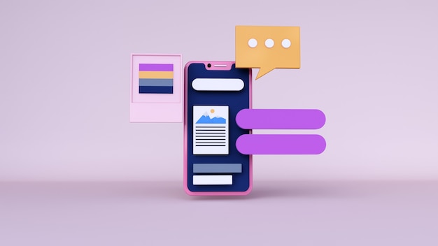 Sfondo astratto, mock up applicazione telefono scena con spazio chat, per il web. Rendering 3D