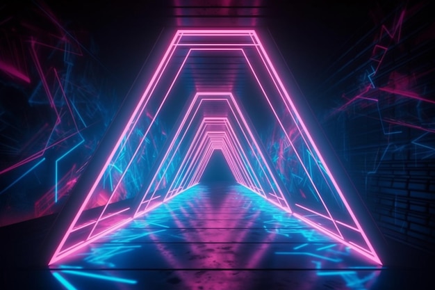 Sfondo astratto portale triangolo neon rosa blu Linee luminose tunnel di realtà virtuale