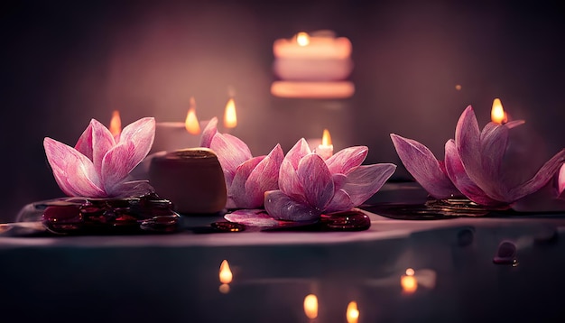 Sfondo astratto spa interno con candele petali di rosa e fiori di loto Illustrazione 3D Rendering ai