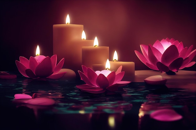 Sfondo astratto spa interno con candele petali di rosa e fiori di loto Illustrazione 3D Rendering ai