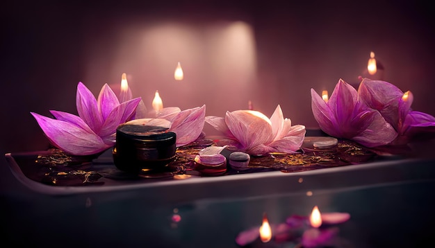 Sfondo astratto spa interno con candele petali di rosa e fiori di loto Illustrazione 3D Rendering ai