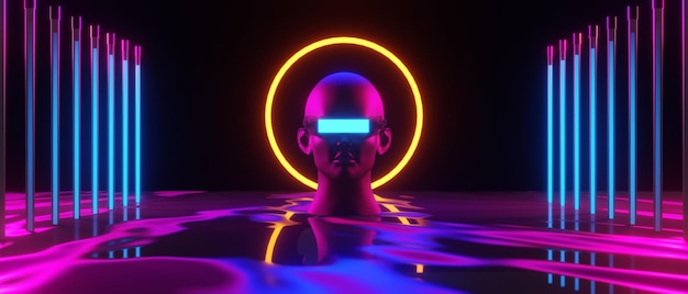 sfondo astratto videogioco di eSport giochi di fantascienza cyberpunk, simulazione di realtà virtuale vr e metaverso, scena del piedistallo, rendering di illustrazioni 3d, stanza luminosa al neon futuristica