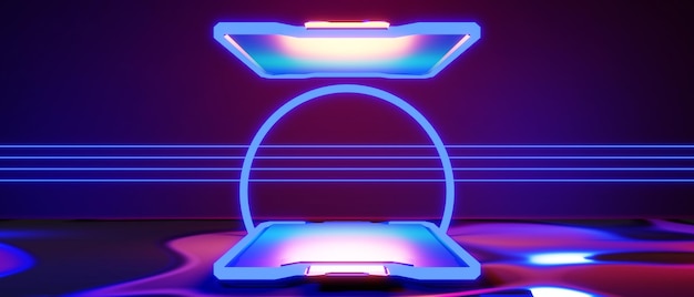 Sfondo astratto videogioco di eSports scifi gaming cyberpunk vr simulazione di realtà virtuale e scena metaverse stand piedistallo fase 3d illustrazione rendering futuristico neon glow room