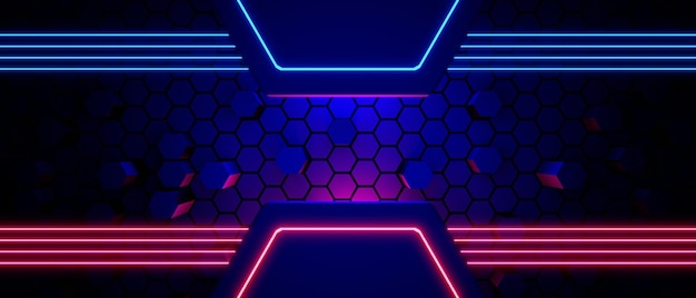 Sfondo astratto videogioco di eSports scifi gaming cyberpunk vr simulazione di realtà virtuale e scena metaverse stand piedistallo fase 3d illustrazione rendering futuristico neon glow room