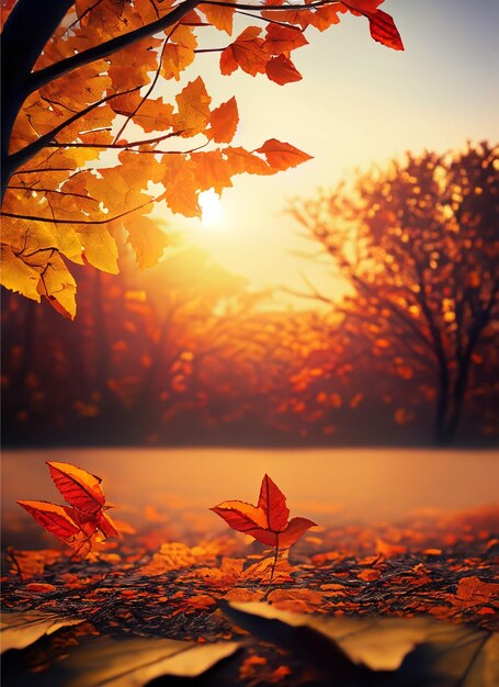 Sfondo autunnale con foglie e alberi con il tramonto