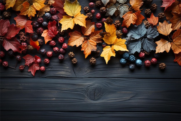 Sfondo autunnale con foglie e bacche su sfondo di legno nero