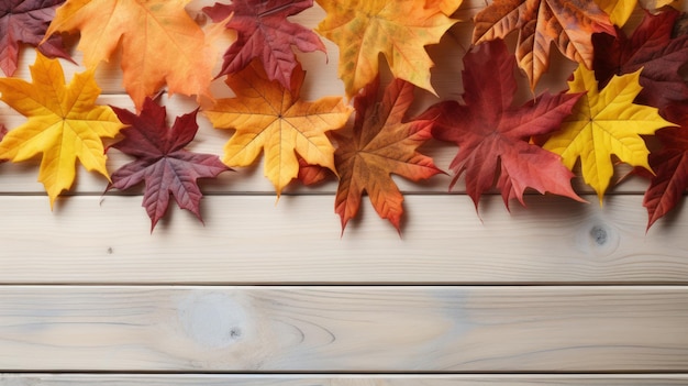 Sfondo autunnale con legno chiaro e foglie di acero AI generato