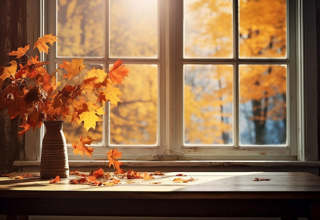 Sfondo autunnale con tavolo in legno con finestra retrò e bouquet di fiori autunnali sul davanzale della finestra