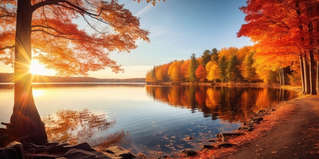 sfondo autunnale con un lago sereno circondato da alberi vivaci