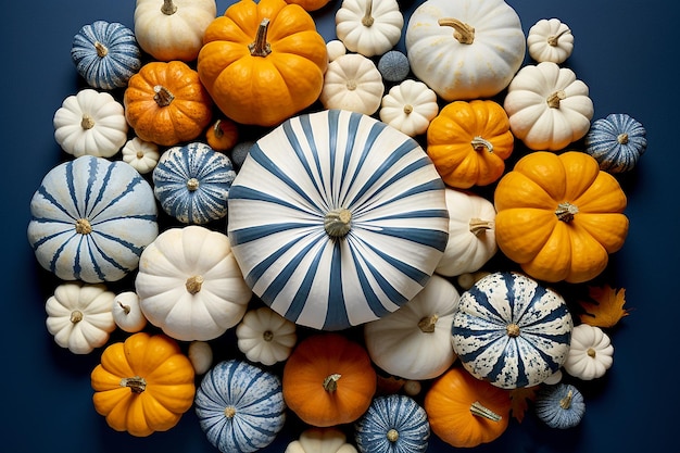 Sfondo autunnale con una pila di mini zucche vista dall'alto Torta di zucca circondata da mini zucche su sfondo blu scuro vista dall'alto Halloween e raccolto autunnale