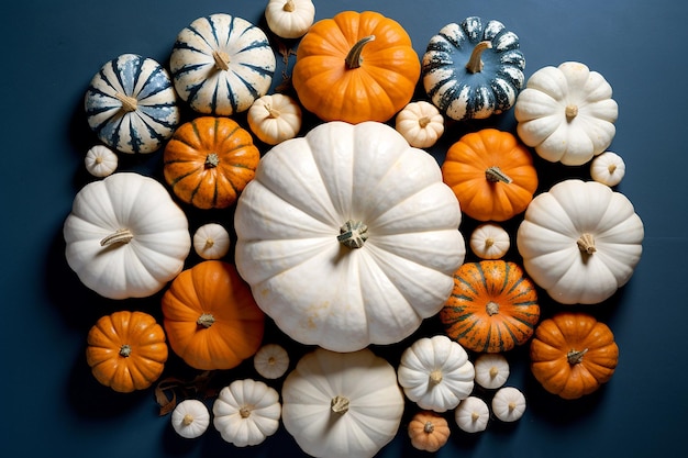 Sfondo autunnale con una pila di mini zucche vista dall'alto Torta di zucca circondata da mini zucche su sfondo blu scuro vista dall'alto Halloween e raccolto autunnale