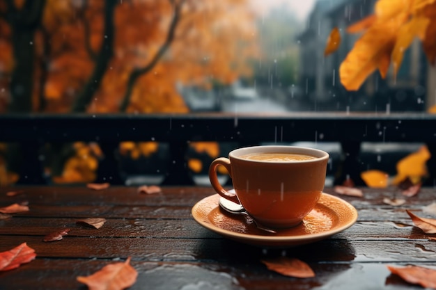 Sfondo autunnale con una tazza di caffè Illustrazione AI GenerativexA