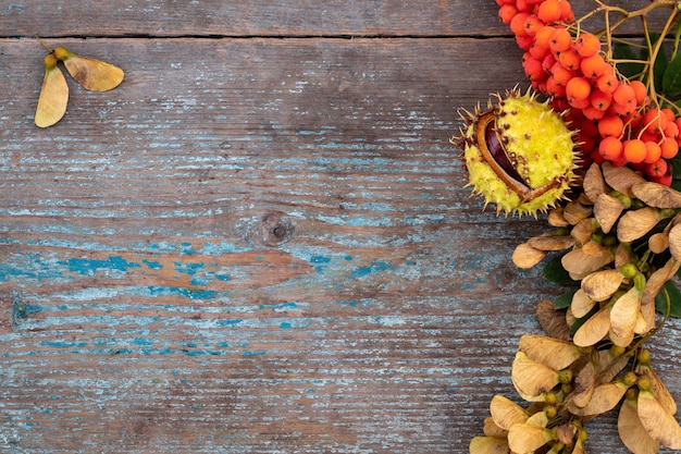 Sfondo autunnale da foglie e frutti caduti con impostazione vintage sul vecchio tavolo di legno. Il giorno del ringraziamento concetto.