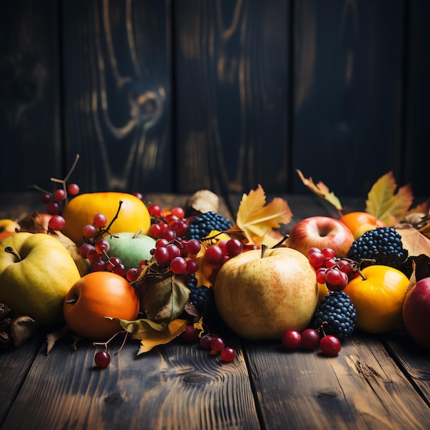 Sfondo autunnale del Ringraziamento da foglie e frutti caduti con posto vintage sul vecchio tavolo di legno