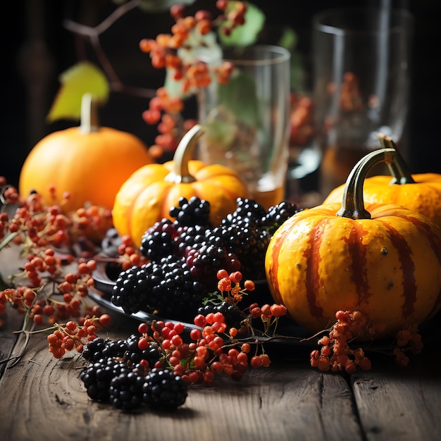 Sfondo autunnale del Ringraziamento da foglie e frutti caduti con posto vintage sul vecchio tavolo di legno