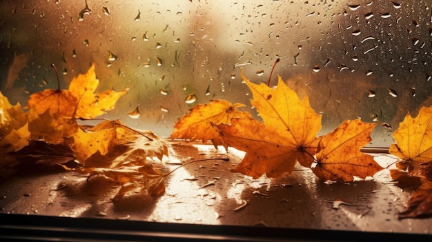 Sfondo autunnale foglie autunnali su texture di vetro piovoso luminoso sfondo naturale astratto concetto di caduta stagione giorno di pioggia meteo AI generato
