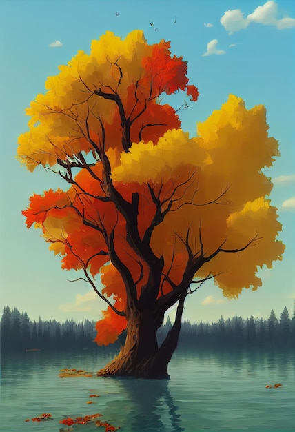 Sfondo autunnale Illustrazione 3d di albero colorato