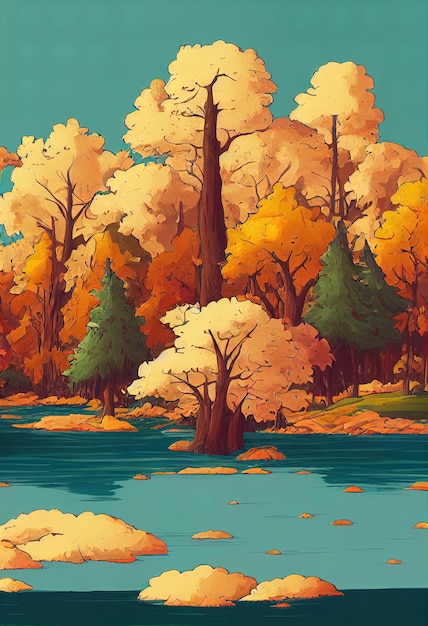 Sfondo autunnale Lago o fiume con alberi e cespugli d'arancio Illustrazione 3d di rami di alberi colorati