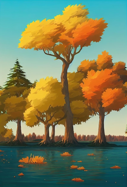 Sfondo autunnale Lago o fiume con alberi e cespugli d'arancio Illustrazione 3d di rami di alberi colorati